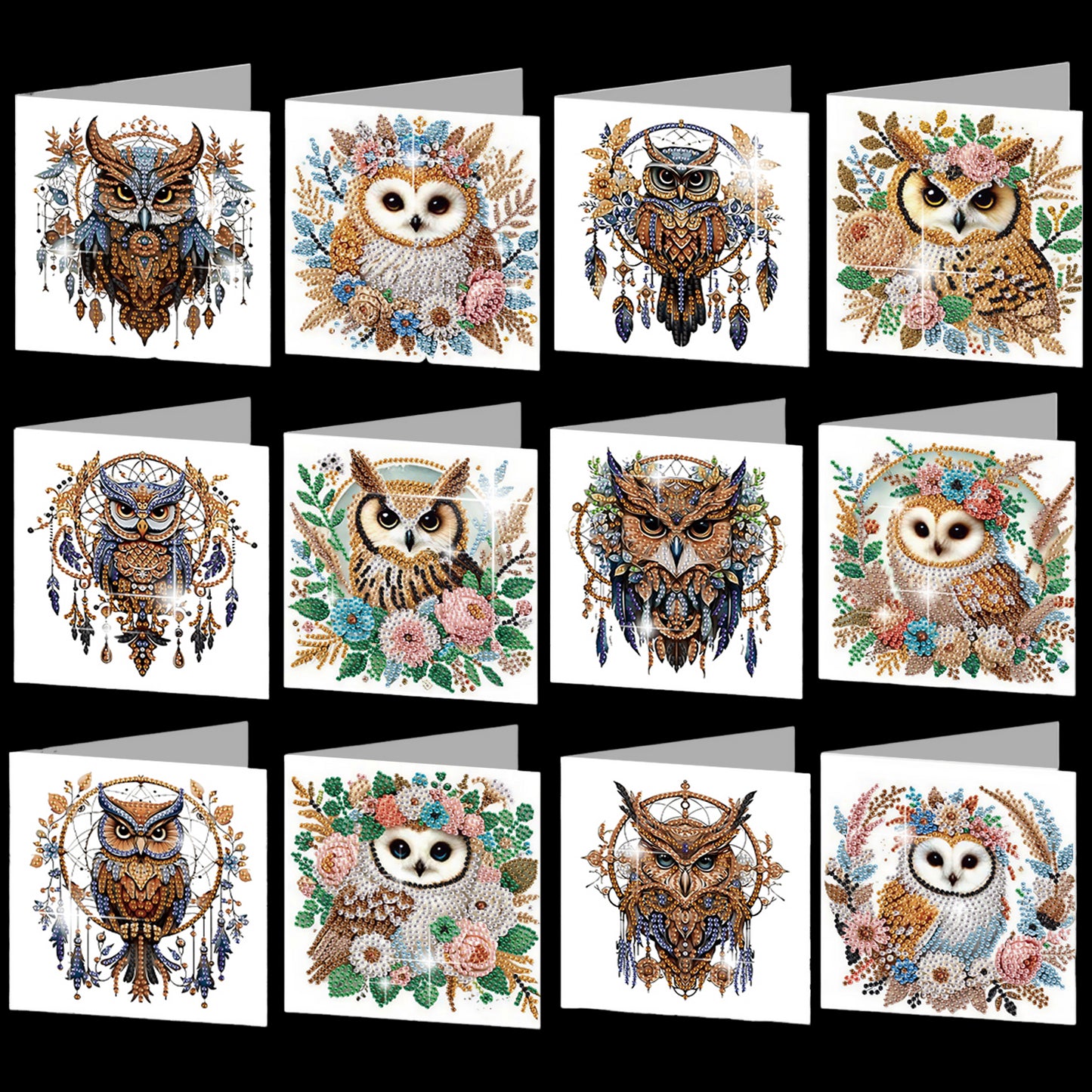 12PCS Dreamcatcher Owl DIY Diamond Painting Greeting Card Set with Envelopes