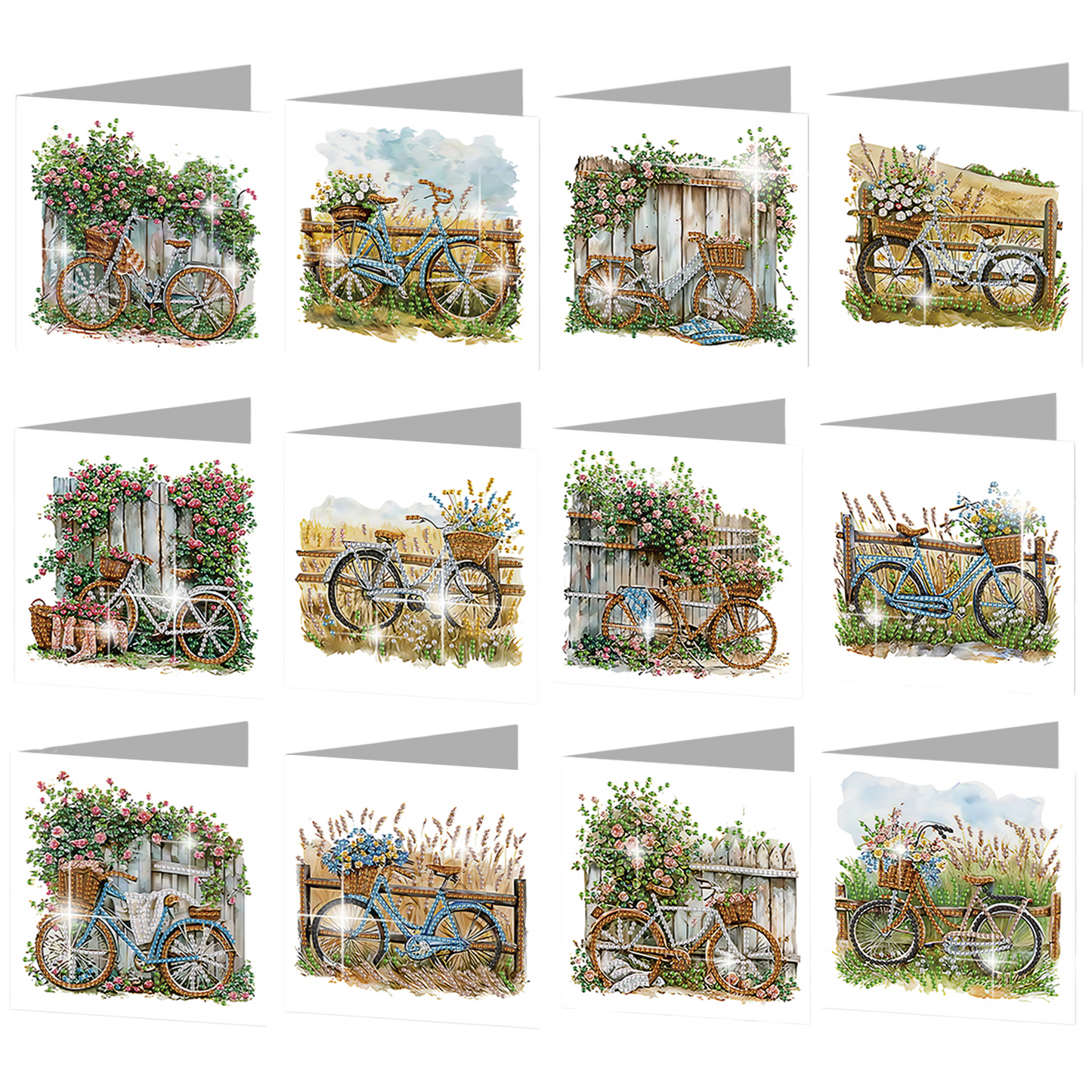 12PCS Flower Bike DIY Diamond Painting Greeting Card Set with Envelopes
