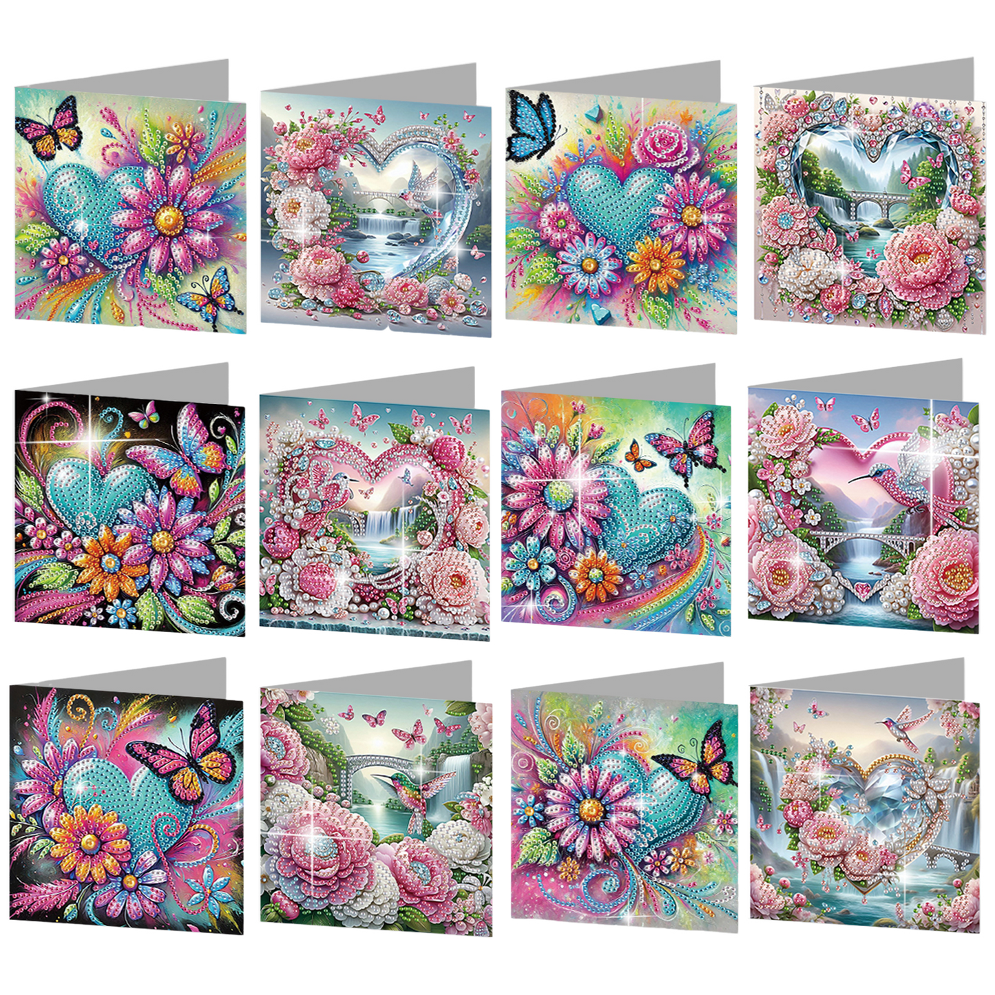 12PCS Flower Heart DIY Diamond Painting Greeting Card Set with Envelopes