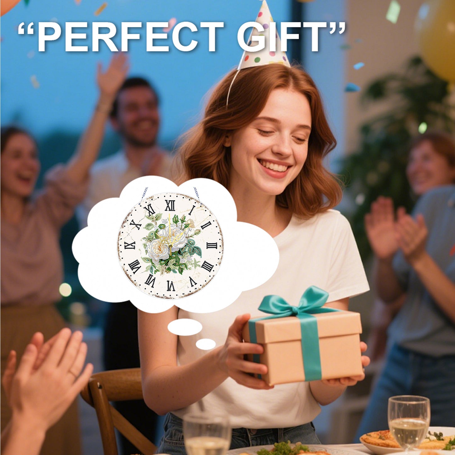 2D DIY Acrylic White Flower Diamond Painting Wall Clock Pendant w/Clock Function