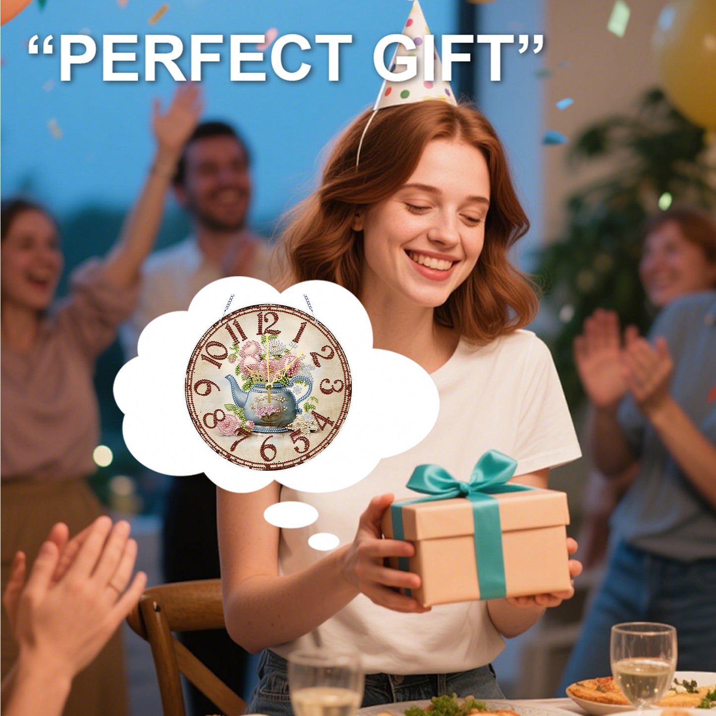 2D DIY Acrylic Blue Flower Diamond Painting Wall Clock Pendant w/ Clock Function