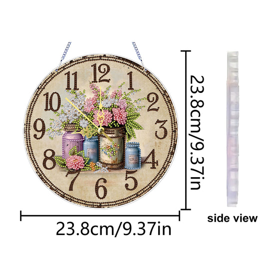 2D DIY Acrylic Vintage Vase Diamond Art Painting Clock Pendant w/ Clock Function
