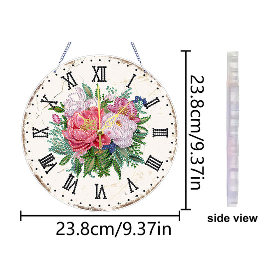 2D DIY Acrylic Pink Flower Diamond Painting Wall Clock Pendant w/ Clock Function
