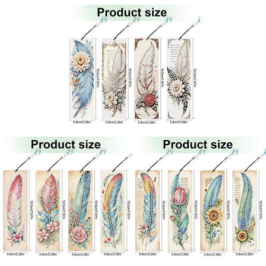 12Pcs Feathers DIY Diamond Painting Bookmark with Crystal Pendant for Readers