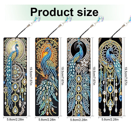 12Pcs Peacock DIY Diamond Painting Bookmark with Crystal Pendant for Readers
