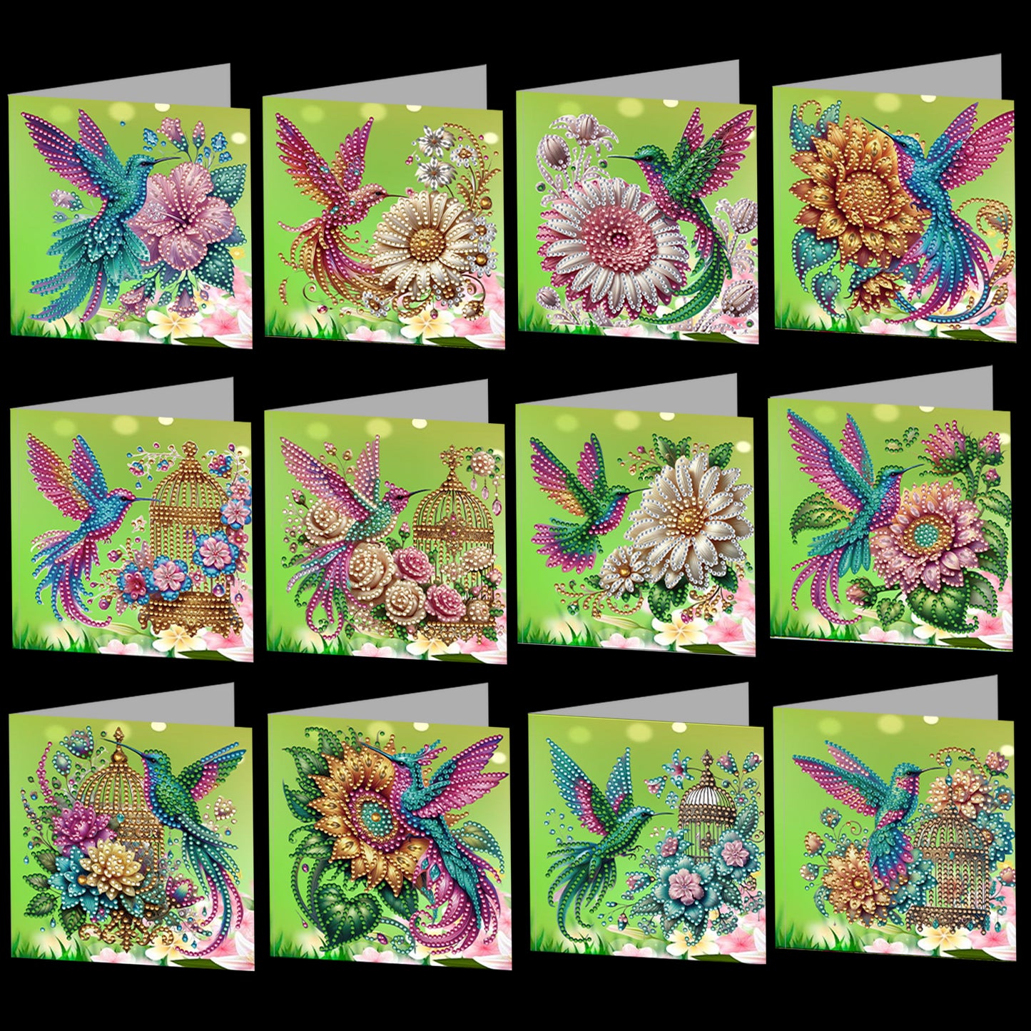 12Pcs Hummingbird Flower DIY Diamond Painting Greeting Card Kit for Adults Gifts