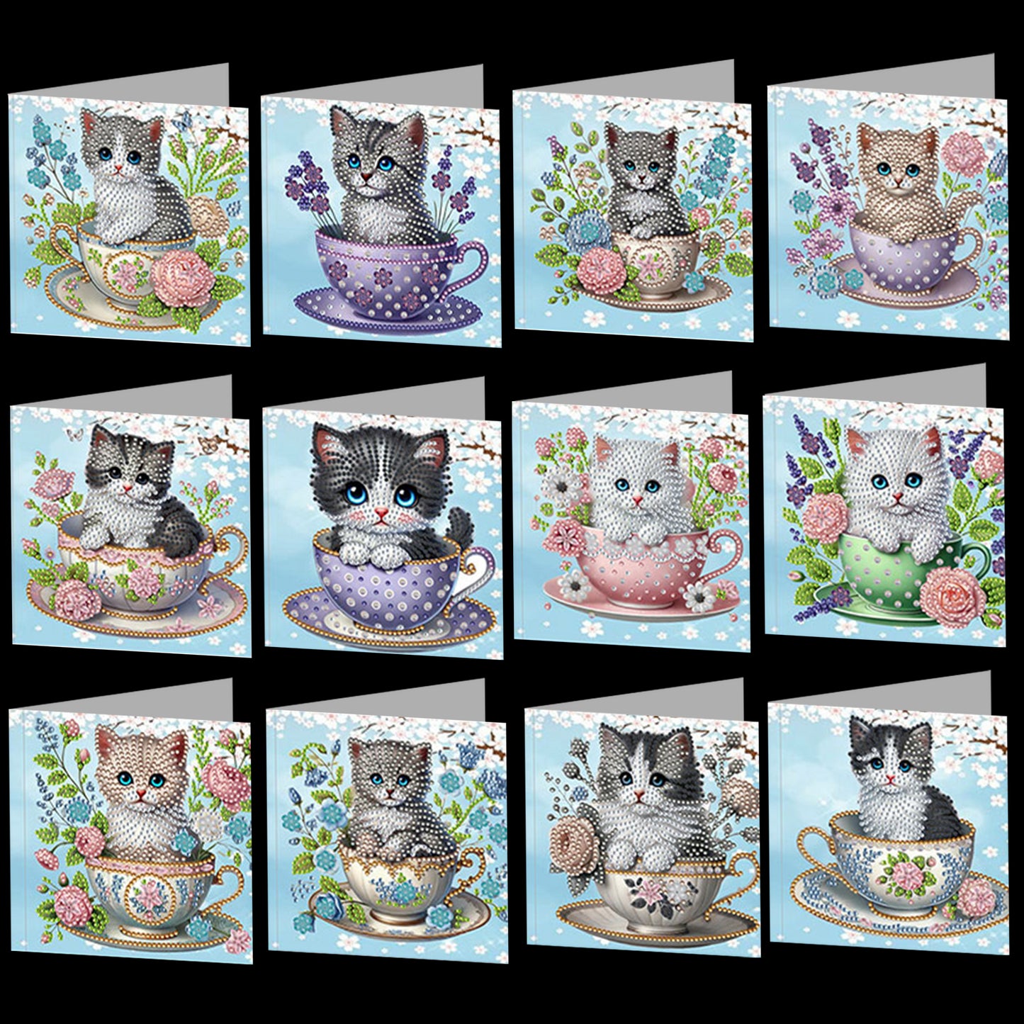 12Pcs Teacup Cat DIY Diamond Painting Greeting Card Kit for Adults Gifts