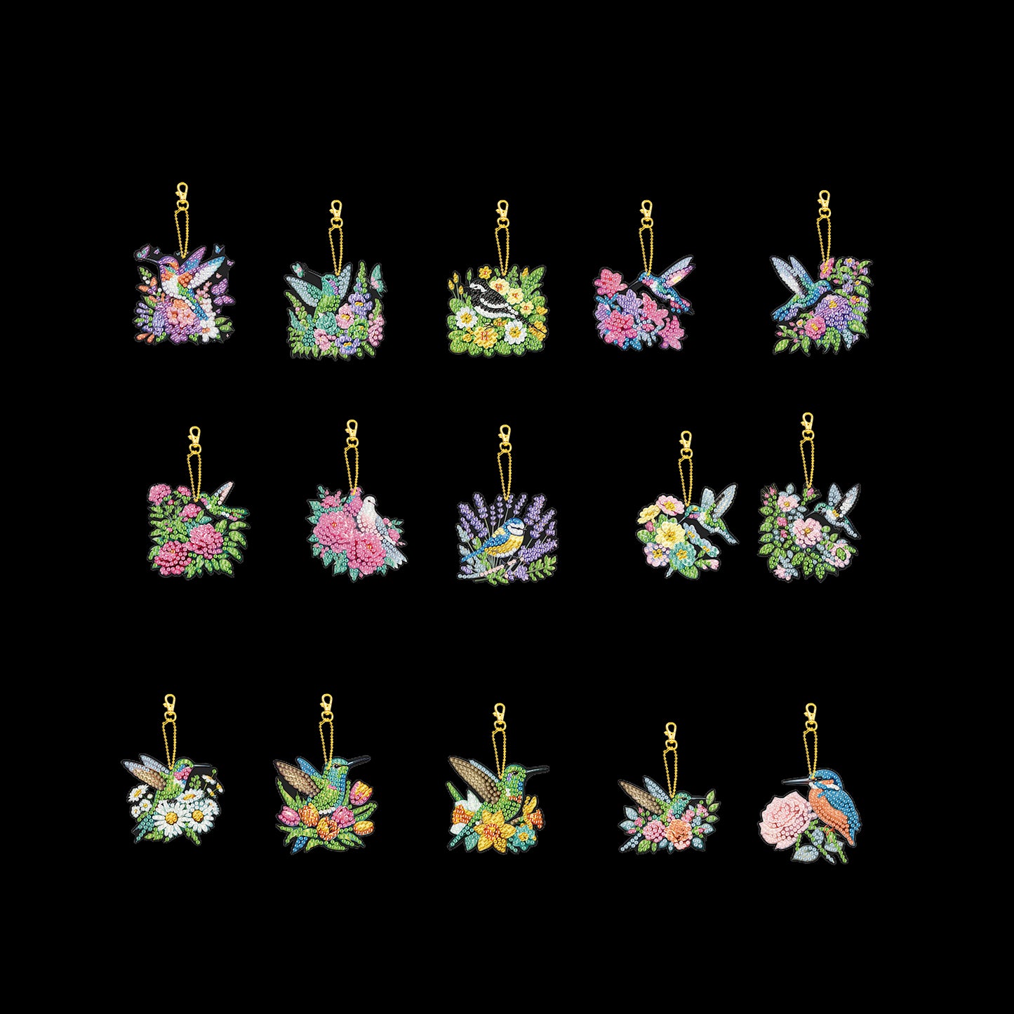 15Pcs Flowers Birds DIY Double Sided Diamond Painting Keychain Kits for Adults