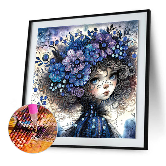 Little Girl With Blue Flower - Special Shaped Drill Diamond Painting 30*30CM