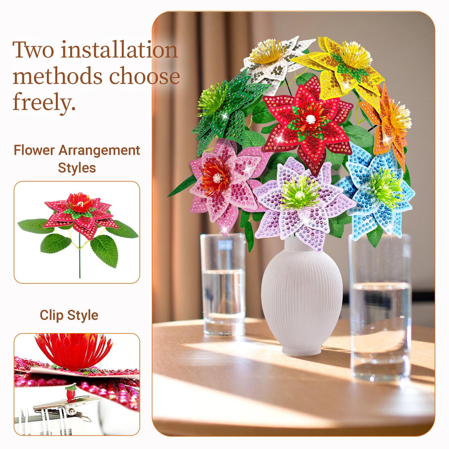 8Pcs 3D Artificial Flowers DIY Desktop Diamond Art Kits for Adults Home Decor