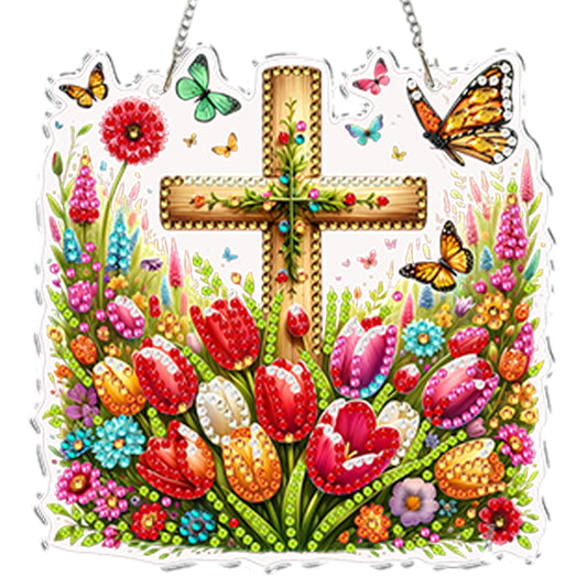 4Pcs Flower Cross 2D Flat DIY Special Shape Diamond Art Hanging Pendant Kit