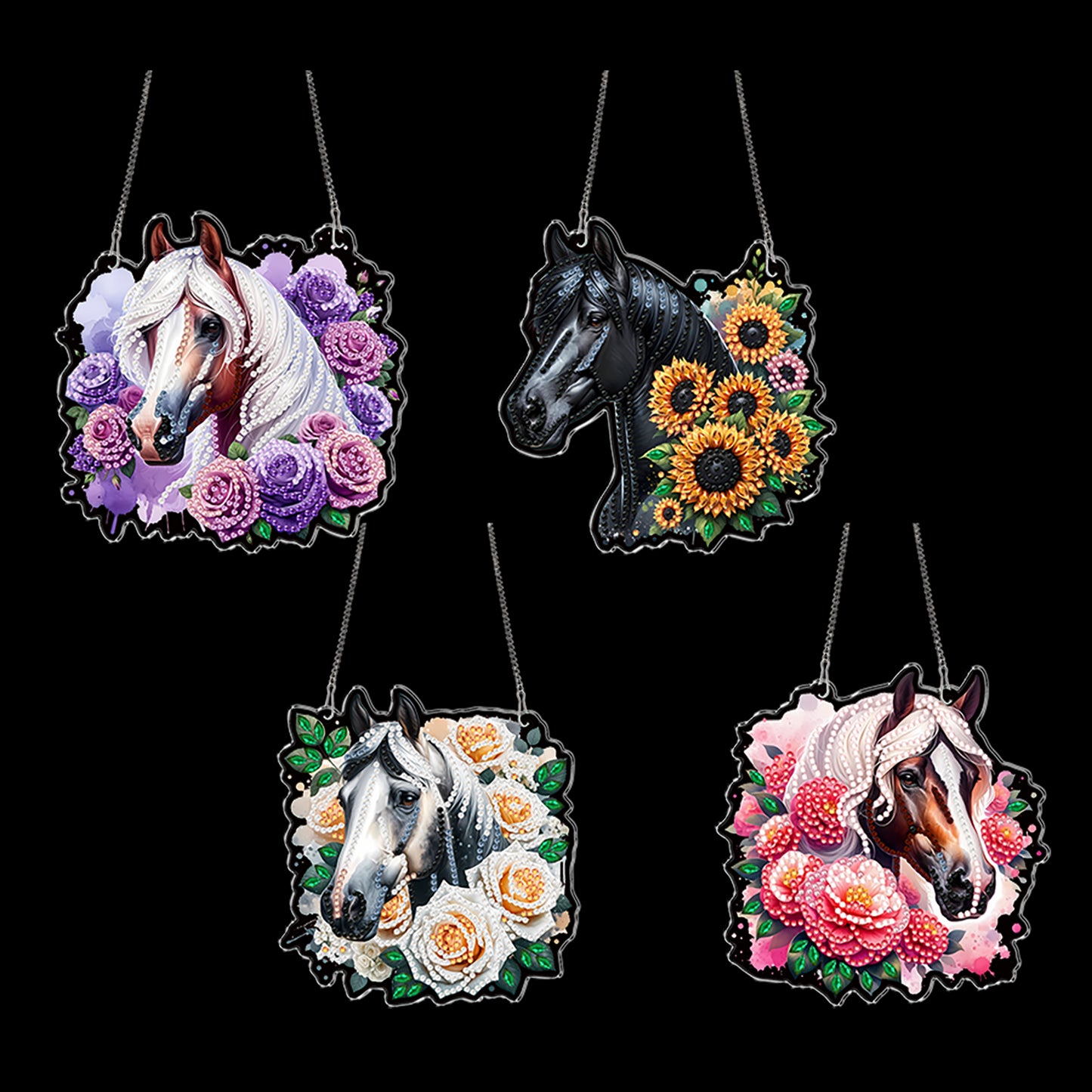 4Pcs Flower Horse 2D Flat DIY Special Shape Diamond Art Hanging Pendant Kit