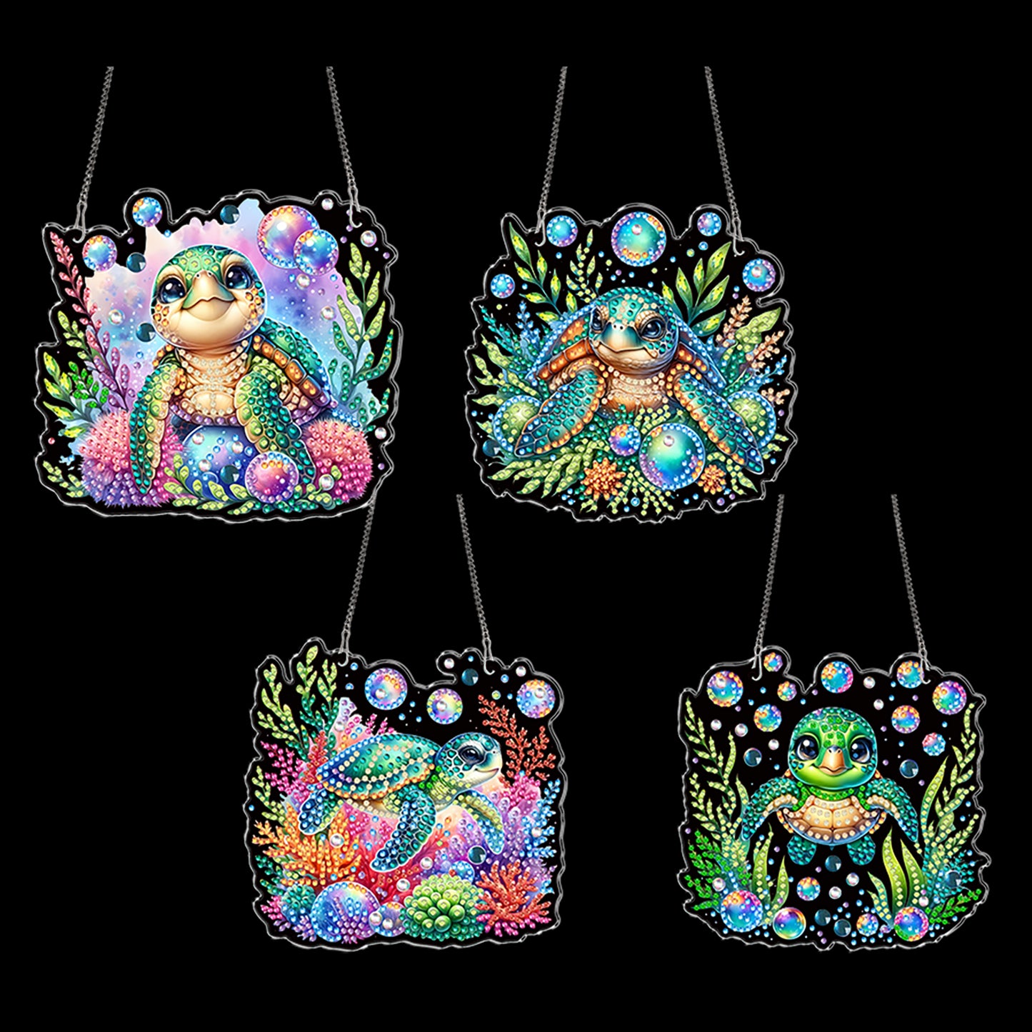 4Pcs Sea Turtle 2D Flat DIY Special Shape Diamond Art Hanging Pendant Kit