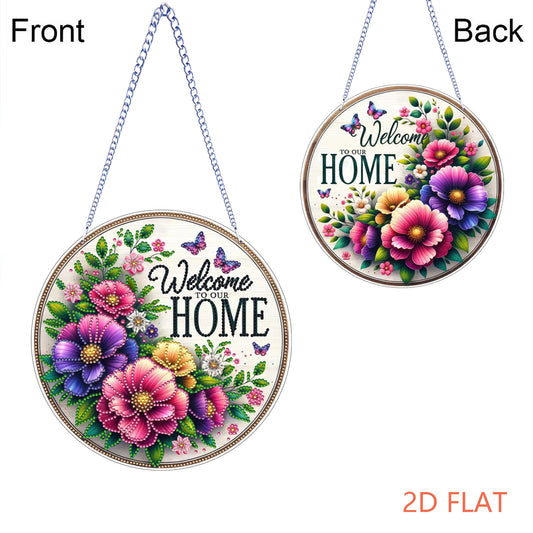 Welcome Home Floral DIY 2D Flat Acrylic Home Diamond Painting Hanging Pendant