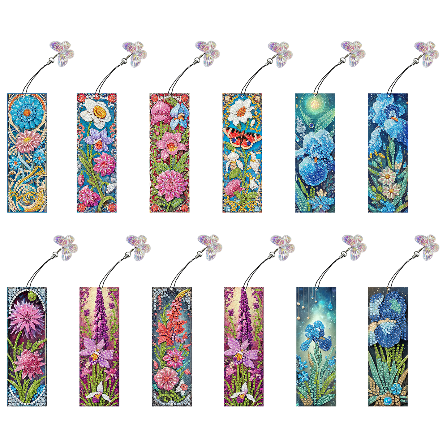 12Pcs Fresh Flowers DIY Diamond Art Painting Bookmark for Reading Enthusiasts