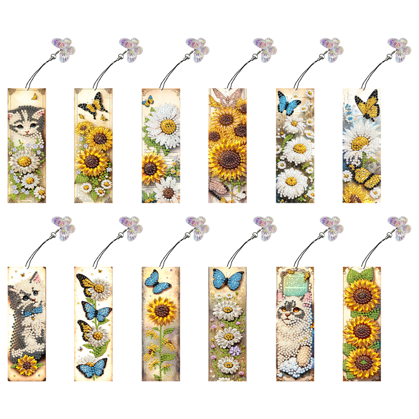 12Pcs Cats Sunflowers DIY Diamond Art Painting Bookmark for Reading Enthusiasts