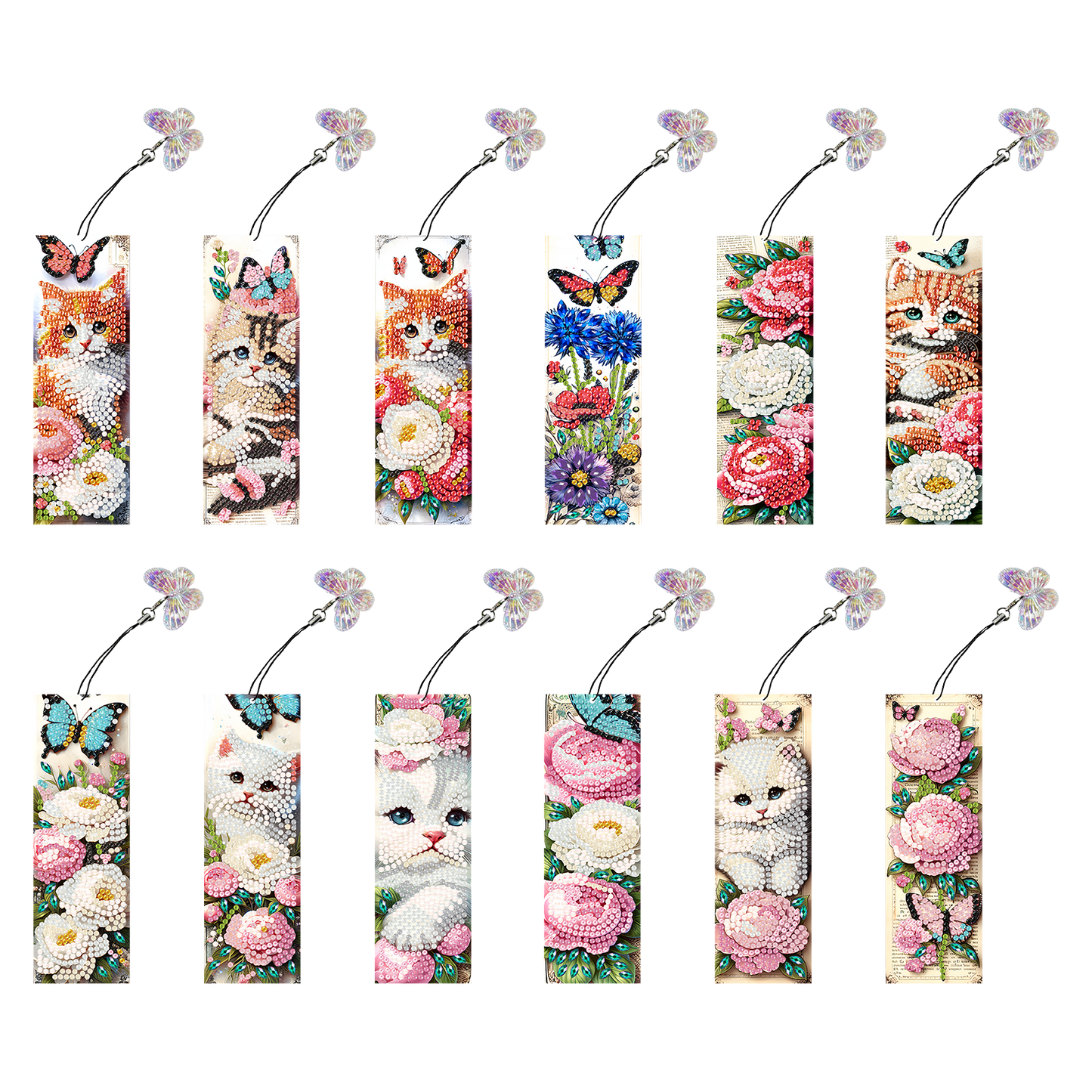 12Pcs Cats Flowers DIY Diamond Art Painting Bookmark for Reading Enthusiasts