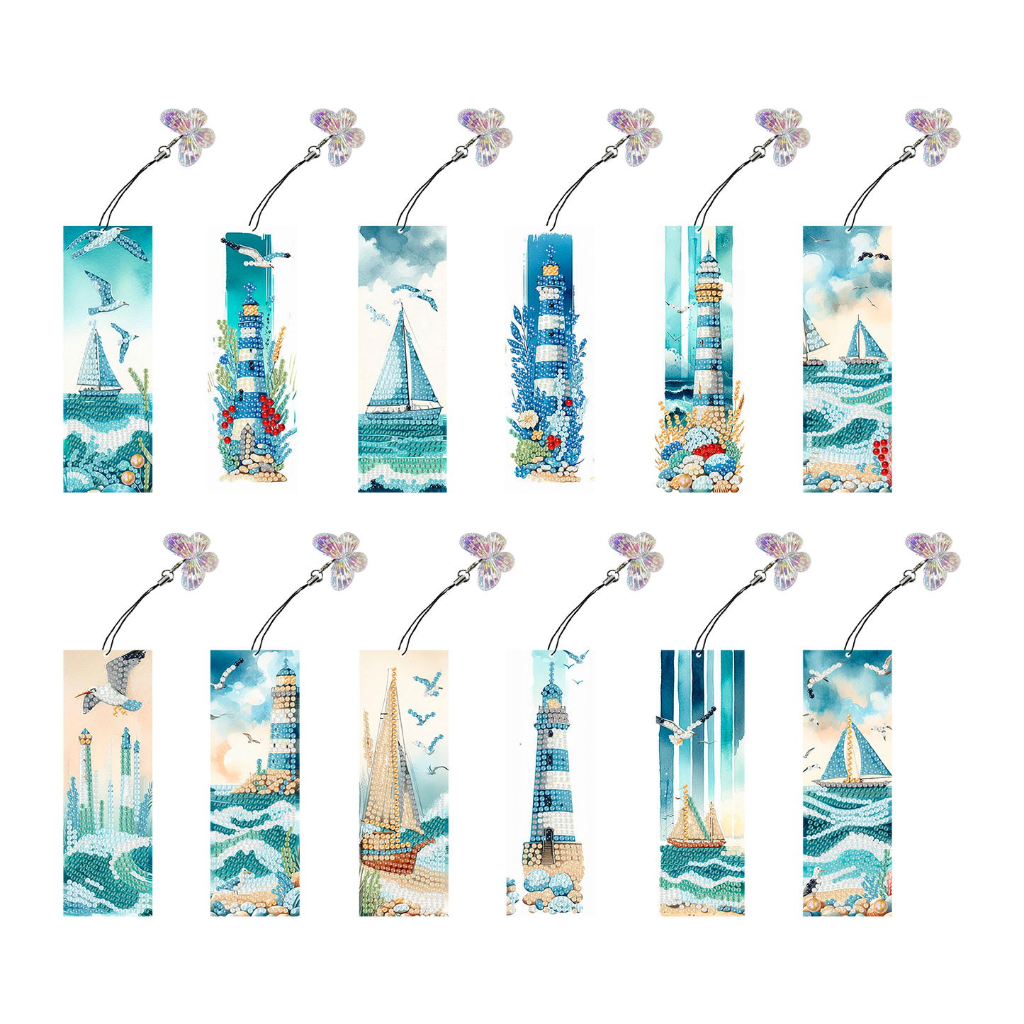 12Pcs Lighthouse Seaside Sailboat DIY Diamond Art Painting Bookmark for Beginner