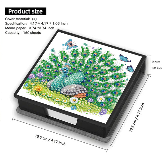 Green Peacock PU DIY 5D Diamond Painting Note Box w/160 Sheets for Office Home