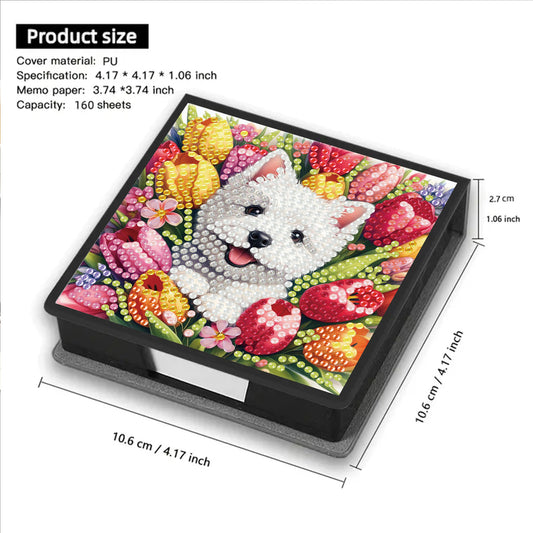 Dogs Tulips PU DIY 5D Diamond Painting Note Box with 160 Sheets for Office Home