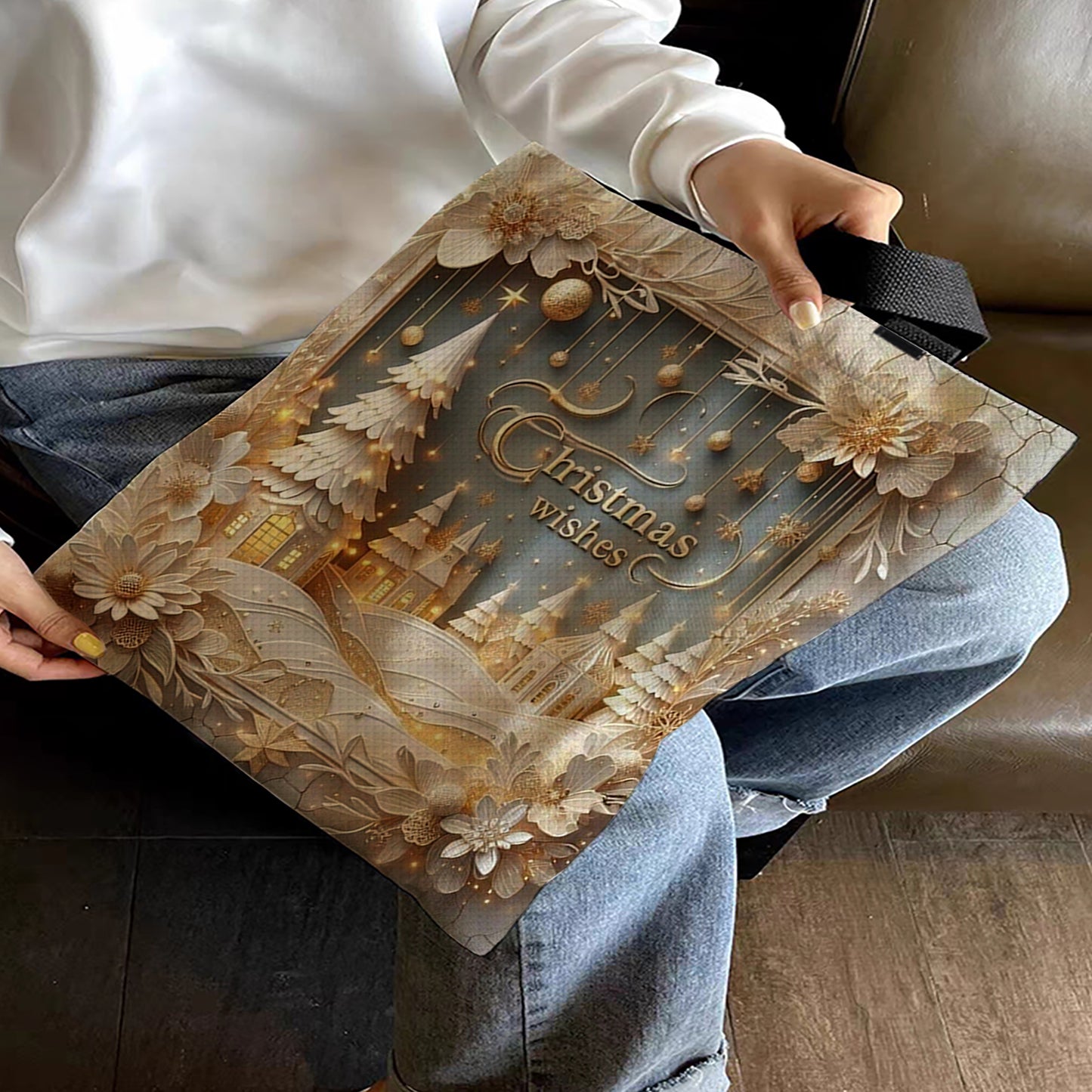 Christmas Scenery Canvas Tote Bag Embroidery Kit 11CT Print 40*40cm for Beginner