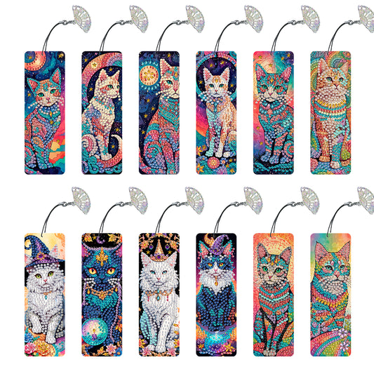 12Pcs Cat DIY Diamond Painting Bookmarks for Book Lovers Mosaic Art Supplies