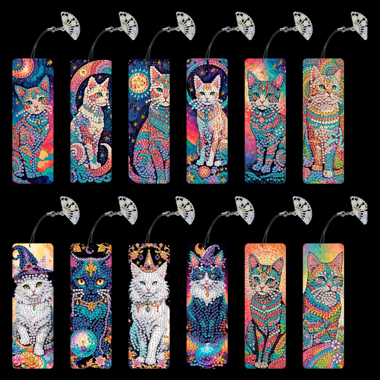 12Pcs Cat DIY Diamond Painting Bookmarks for Book Lovers Mosaic Art Supplies