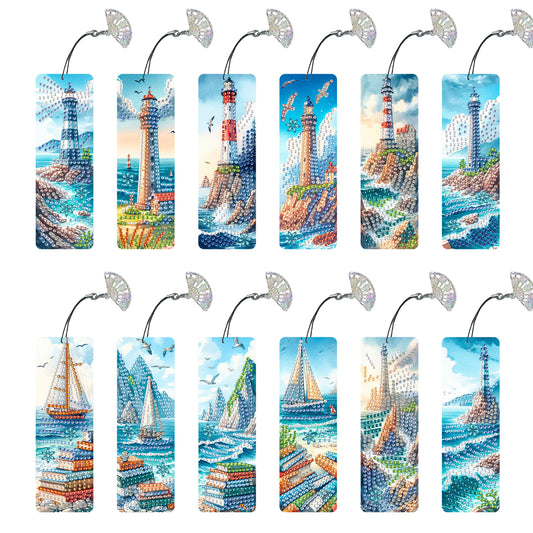 12Pcs Seaside Lighthouse DIY Diamond Painting Bookmarks for Reading Enthusiasts