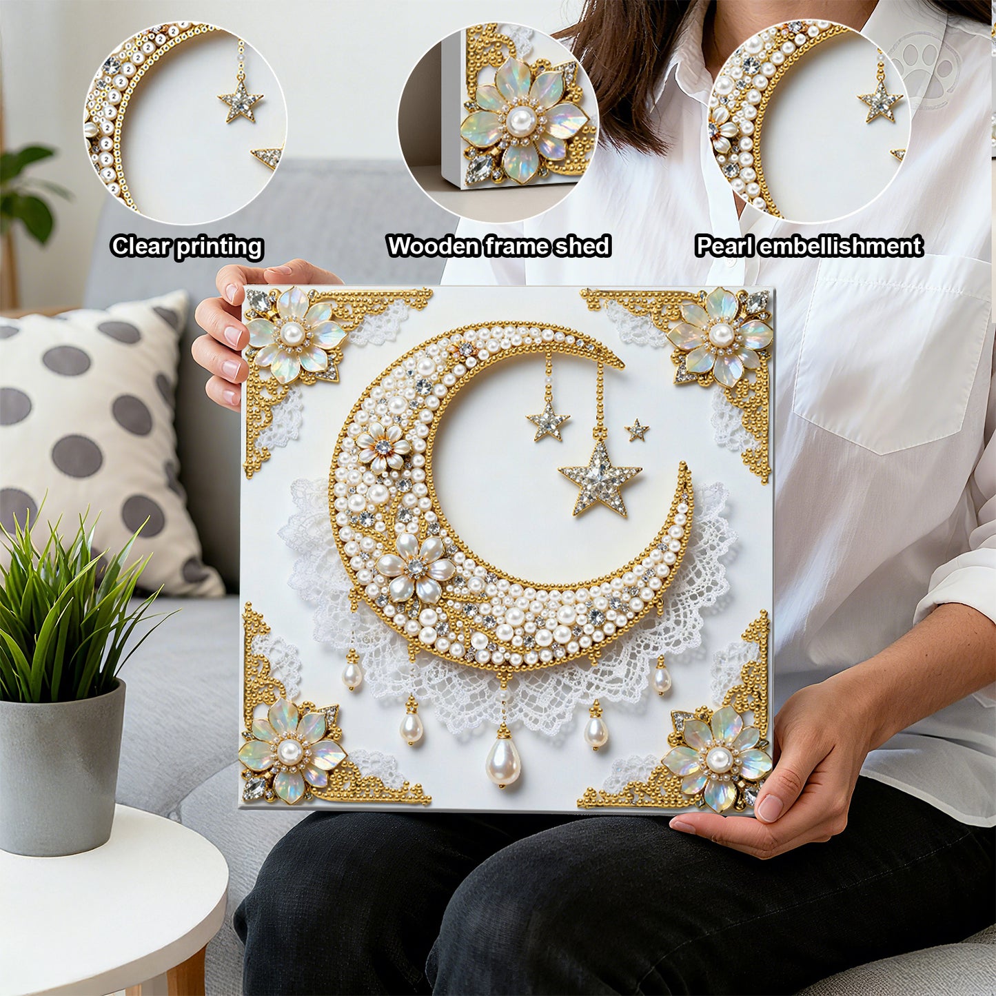 Star And Moon - DIY Pearl Gem Art Diamond Painting Kits With Framefor Home Decor -25x25cm