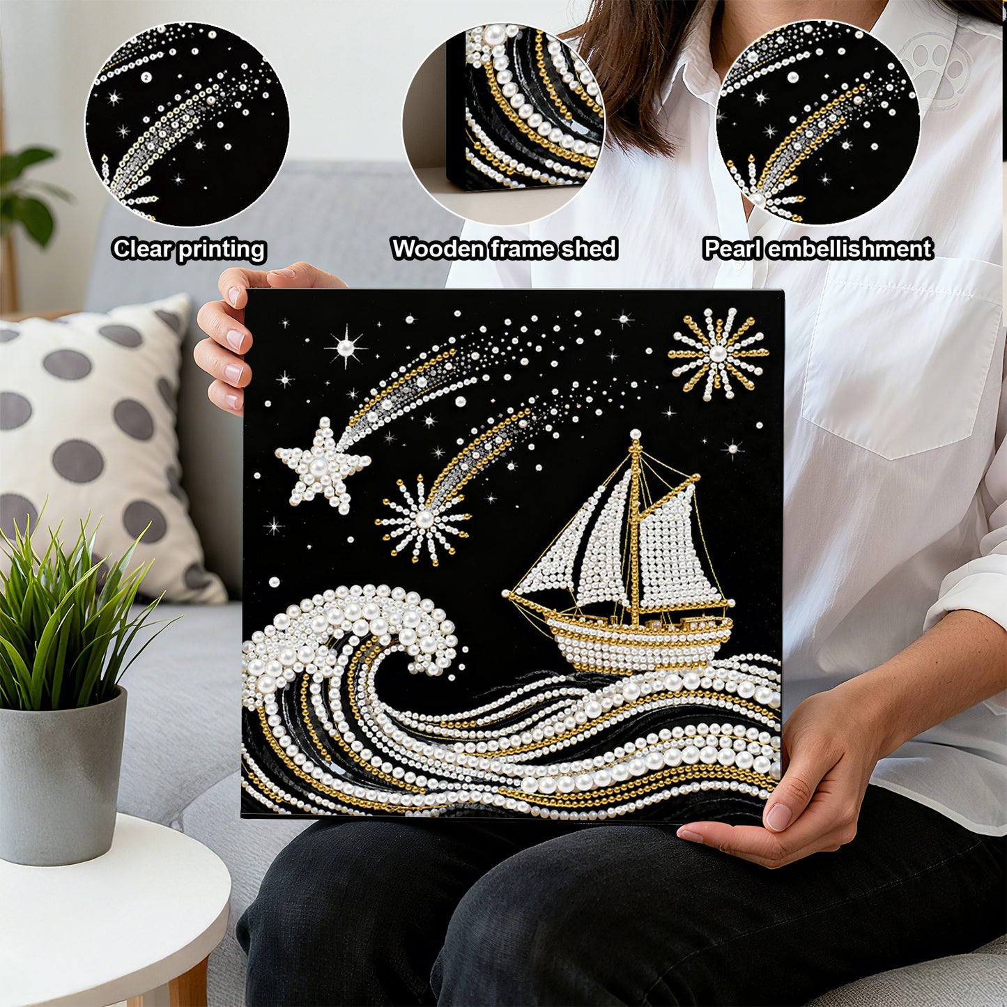 Sailboat On Waves - DIY Pearl Gem Art Diamond Painting Kits With Framefor Home Decor -25x25cm