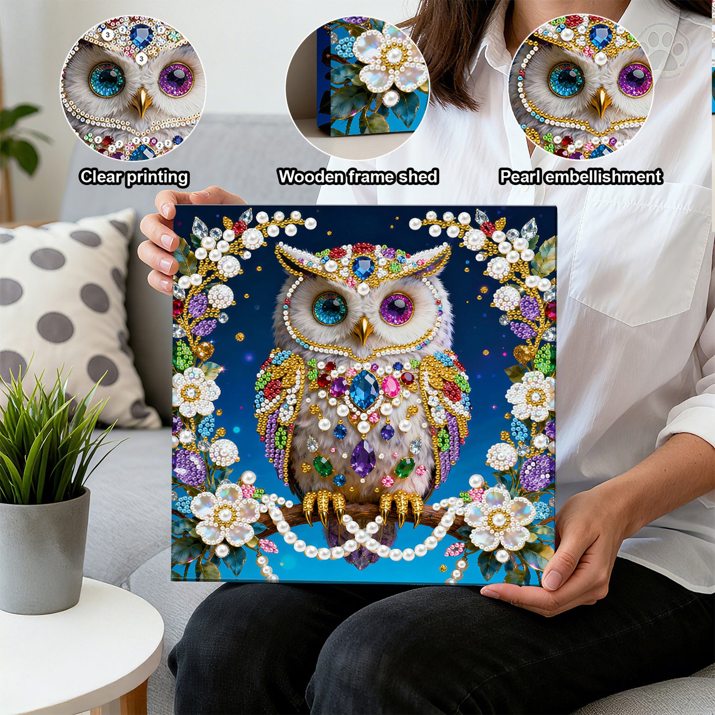 Owls - DIY Pearl Gem Art Diamond Painting Kits With Framefor Home Decor -25x25cm