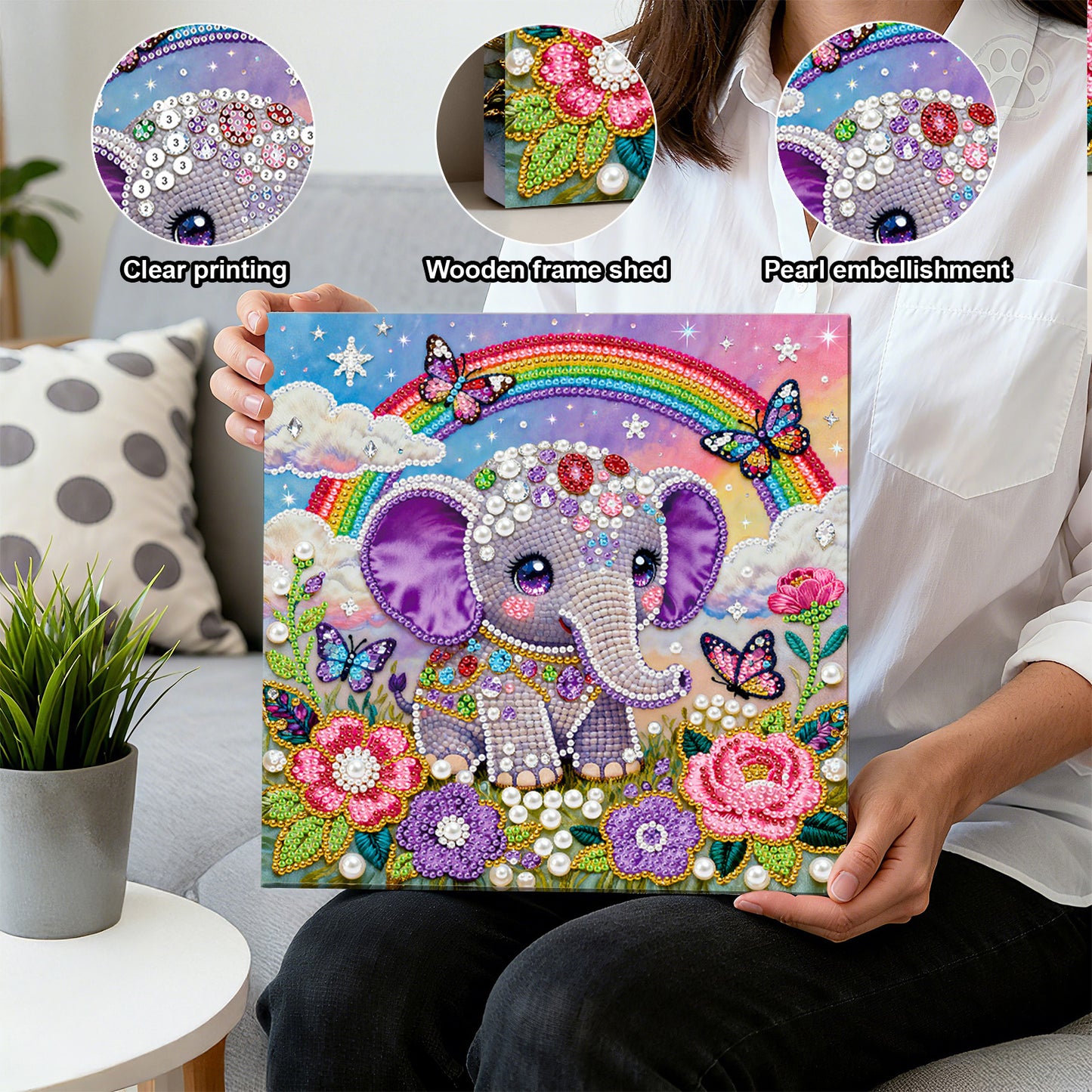 Butterfly Rainbow Elephant - DIY Pearl Gem Art Diamond Painting Kits With Framefor Home Decor -25x25cm