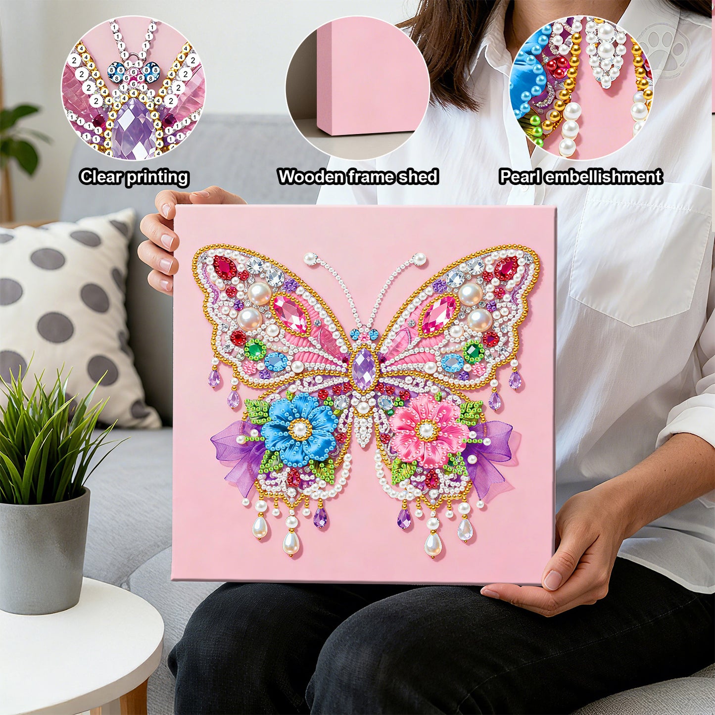 Butterfly - DIY Pearl Gem Art Diamond Painting Kits With Framefor Home Decor -25x25cm