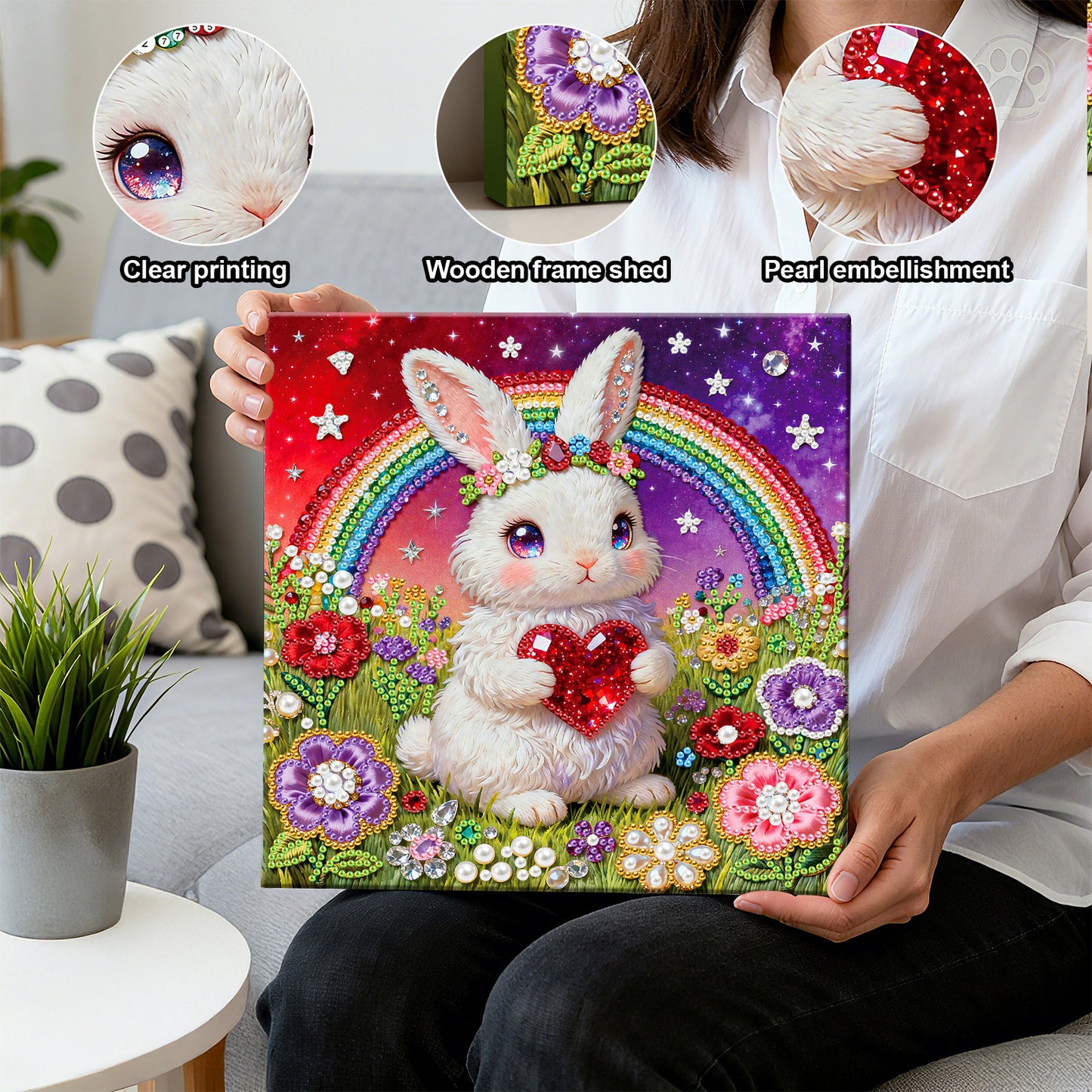 Rabbit - DIY Pearl Gem Art Diamond Painting Kits With Framefor Home Decor -25x25cm
