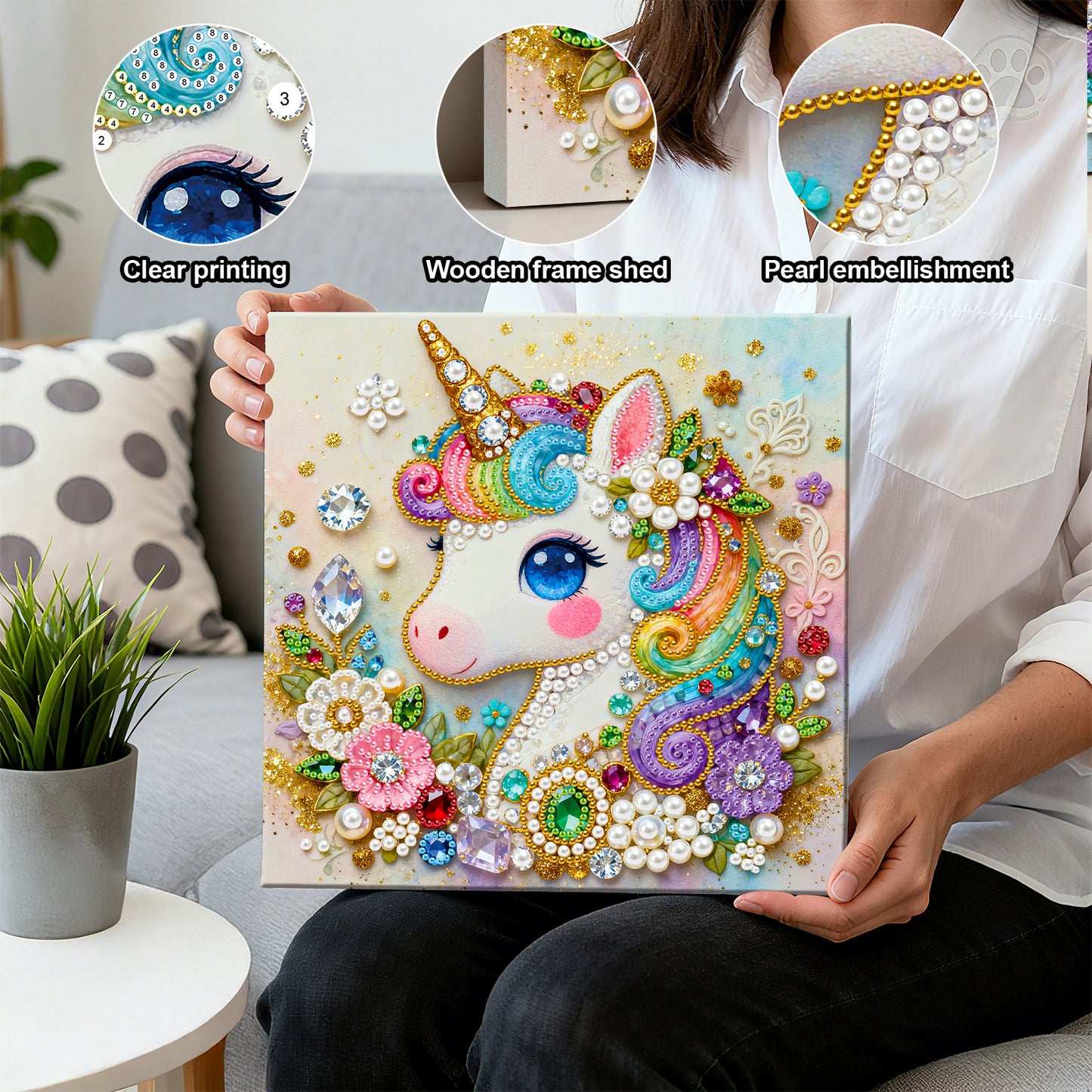 Unicorn - DIY Pearl Gem Art Diamond Painting Kits With Framefor Home Decor -25x25cm
