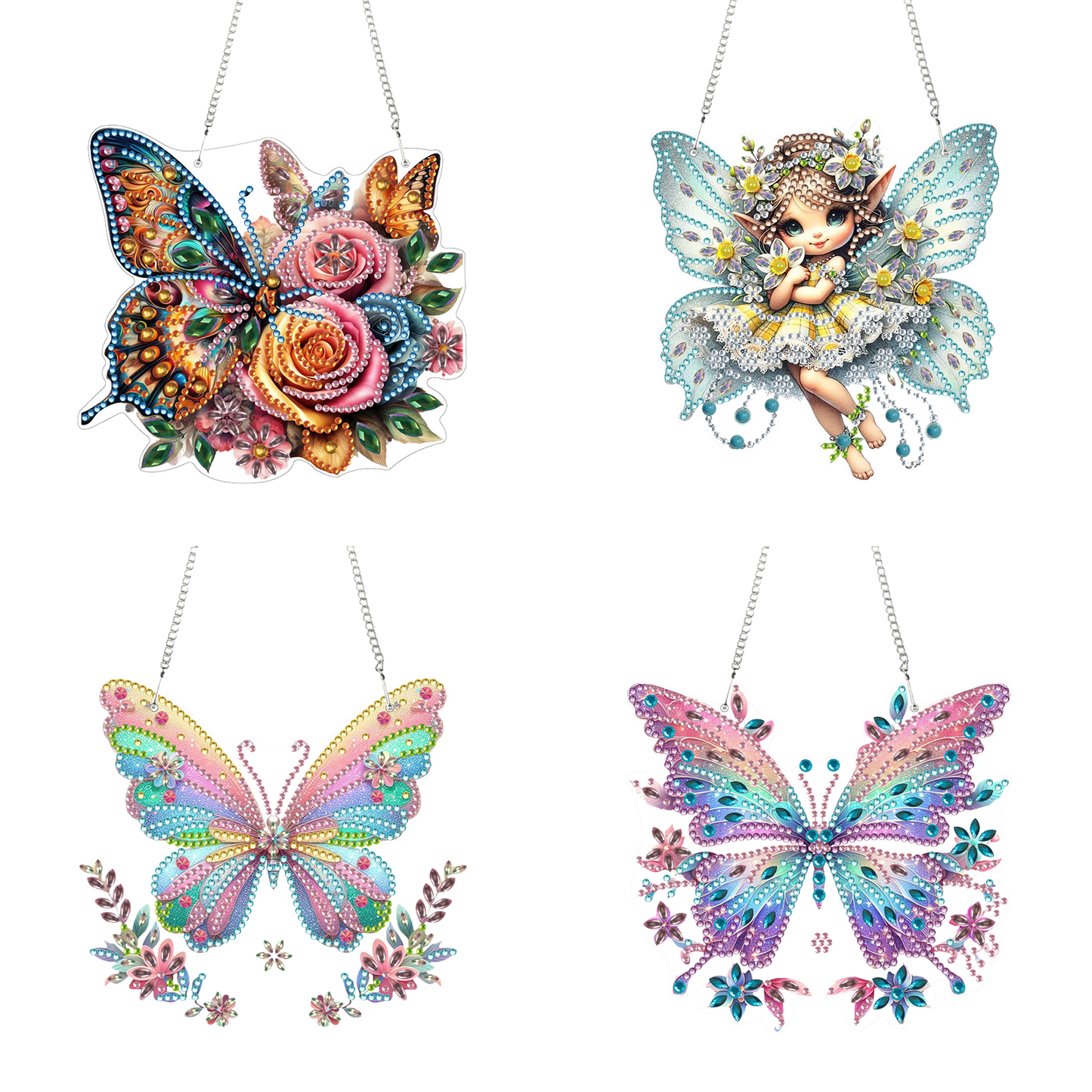 4pcs Fairy Butterfly DIY 2D Flat Acrylic Diamond Painting Pendant Kit Home Decor