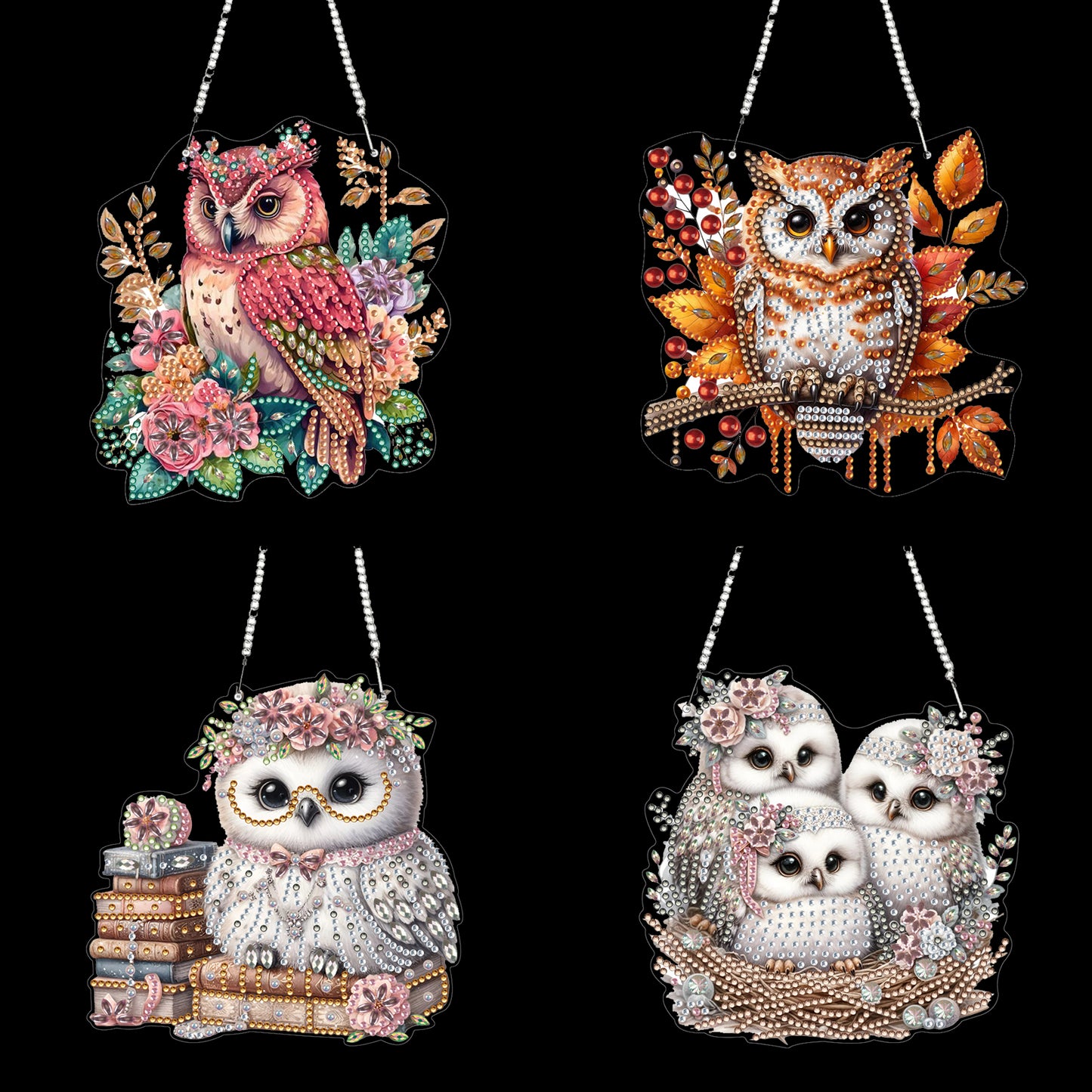 4pcs Owl DIY 2D Flat Acrylic Diamond Painting Pendant Kit for Adults Home Decor