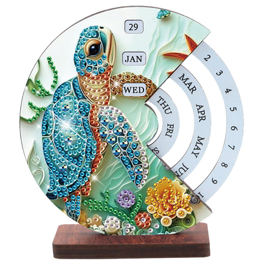 2pcs Sea Turtle DIY Diamond Art Wooden Round Rotatable Calendar for Home Office