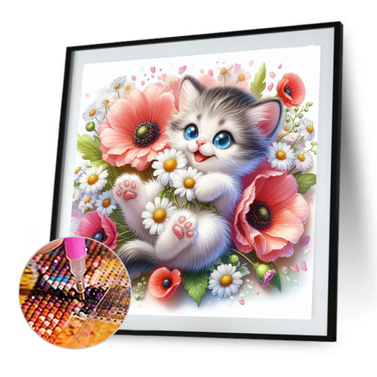 Cat And Daisy - Full Round Drill Diamond Painting 30*30CM