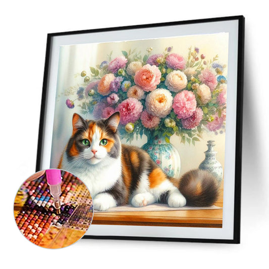 Kitty And Vase - Full Round Drill Diamond Painting 30*30CM