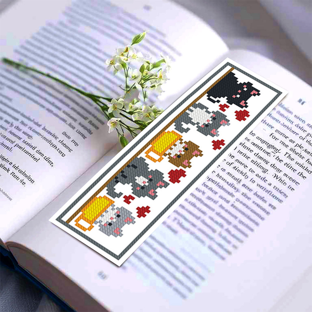 6Pcs Cat DIY Cotton Single-Sided Stamped Needlepoint Bookmark Kit 47x28cm