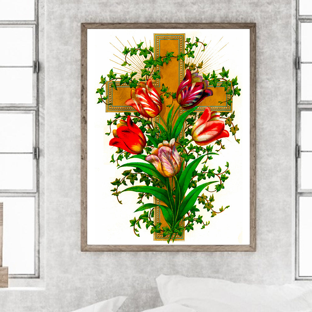 Cross And Tulips - Full Round Drill Diamond Painting 30*40CM