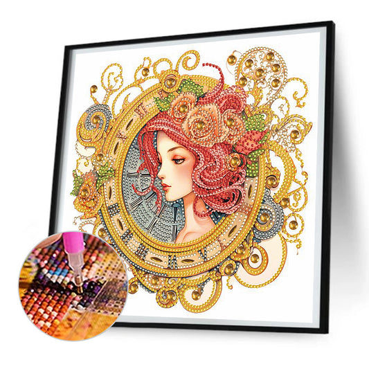 Clock With Redhead Girl - Special Shaped Drill Diamond Painting 30*30CM