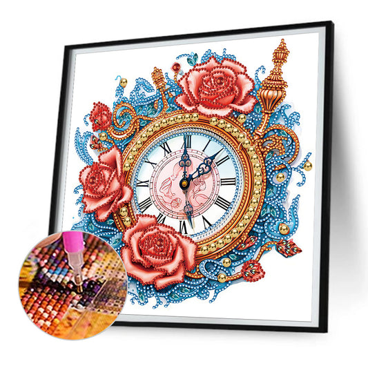 Clock And Blue Vine Roses - Special Shaped Drill Diamond Painting 30*30CM