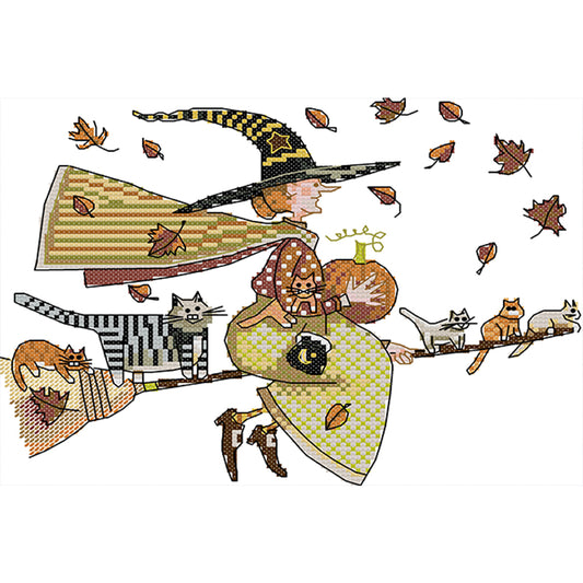 Witch And Cat - 14CT Stamped Cross Stitch 29*21CM(Joy Sunday)