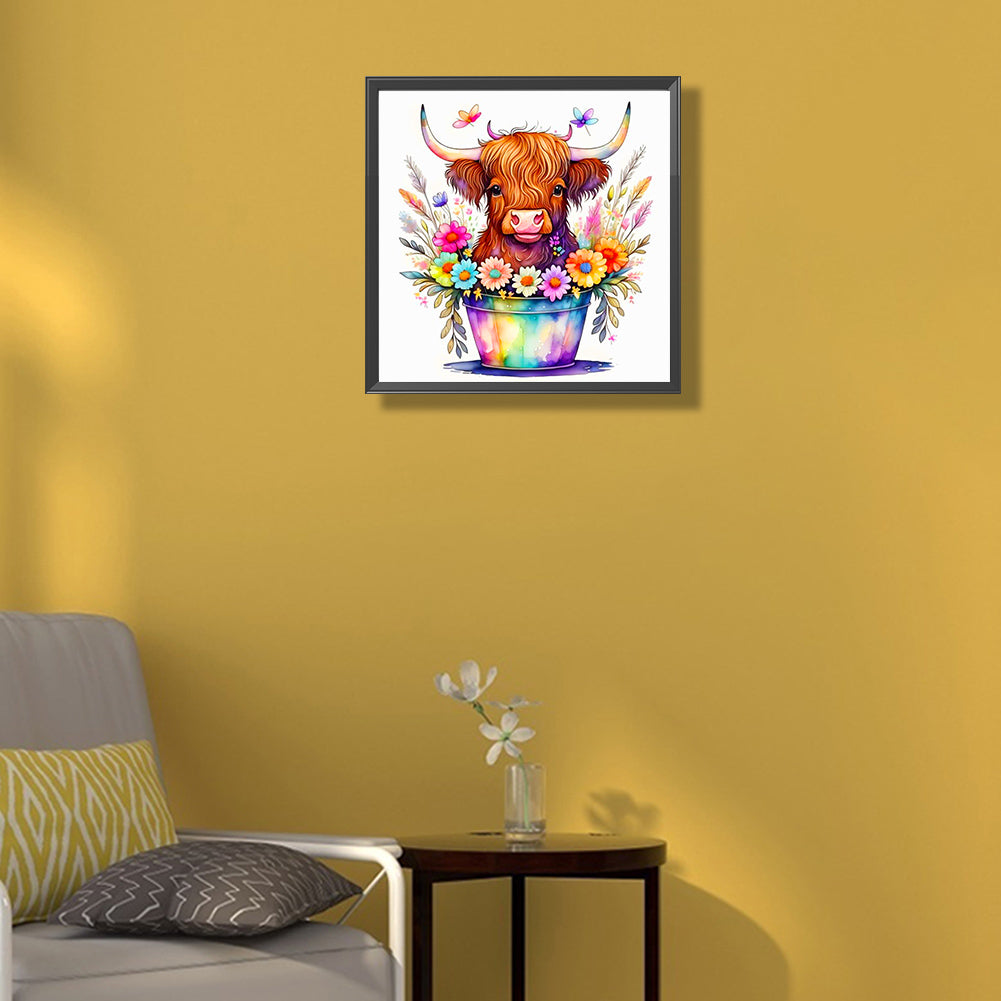 Flower Bucket And Cow - Full Round Drill Diamond Painting 40*40CM