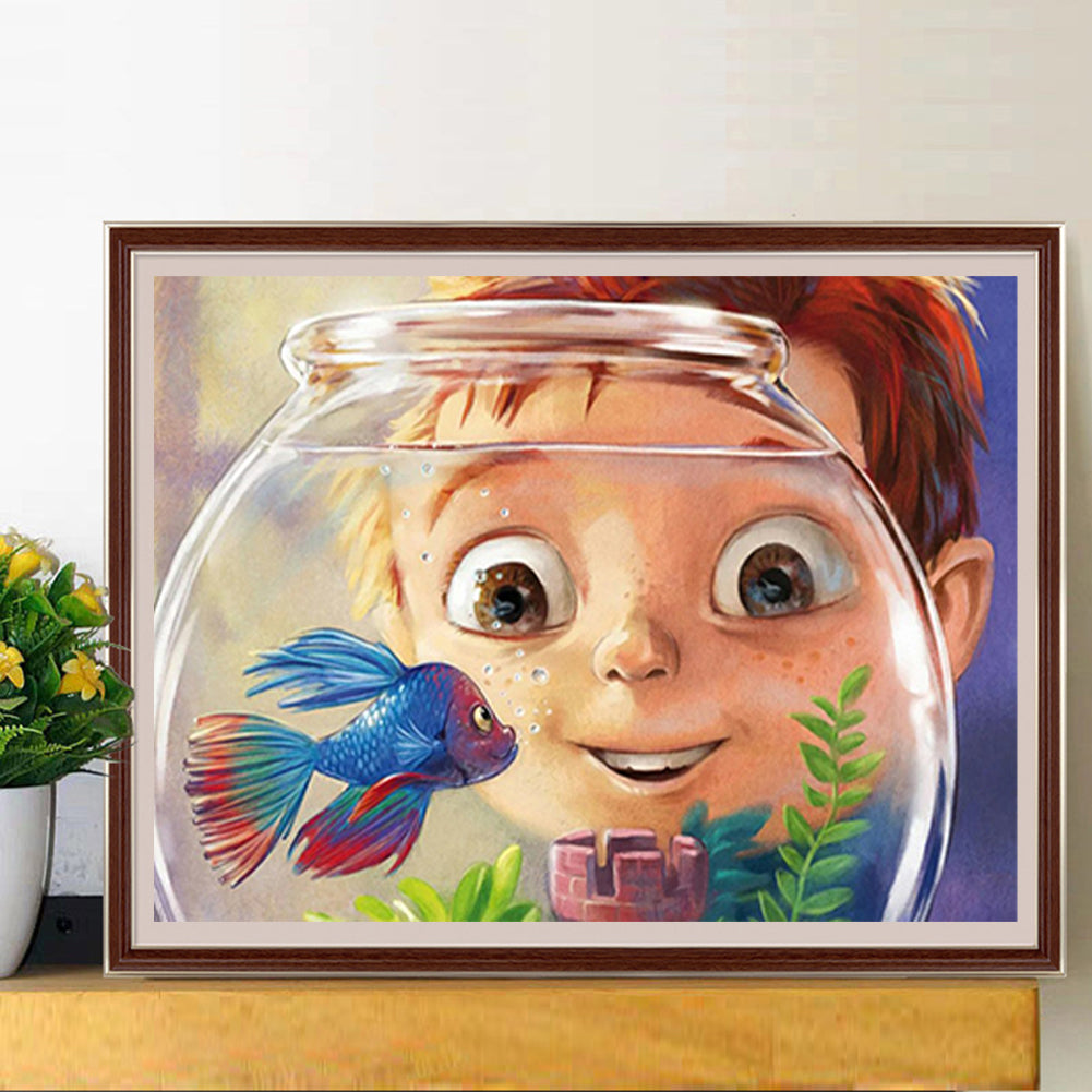 Little Boy Looking At Fish - Full Round Drill Diamond Painting 50*40CM