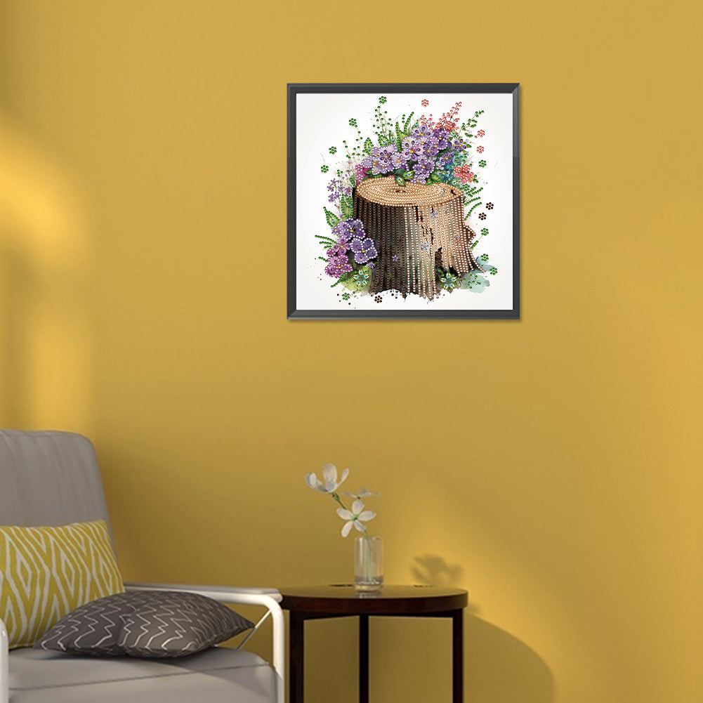 The Tenacious Blooming Flowers In The Wooden Pile - Special Shaped Drill Diamond Painting 30*30CM