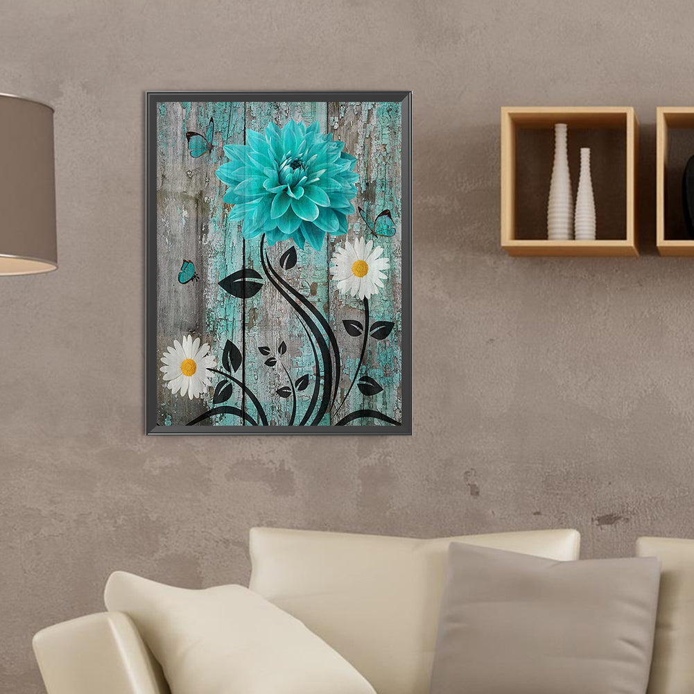 Blue And Green Wooden Board Flowers - Full Round Drill Diamond Painting 30*40CM