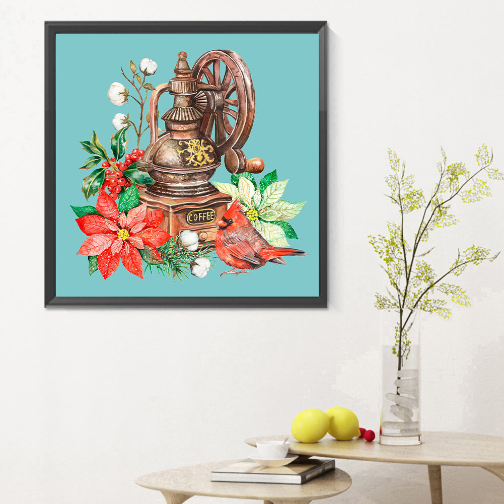 Coffee Machine With Cardinal Green Background - Full Round Drill Diamond Painting 30*30CM